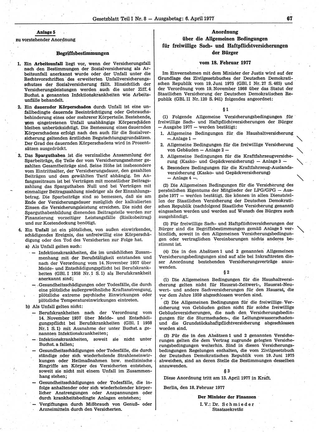 Gesetzblatt (GBl.) der Deutschen Demokratischen Republik (DDR) Teil Ⅰ 1977, Seite 67 (GBl. DDR Ⅰ 1977, S. 67)