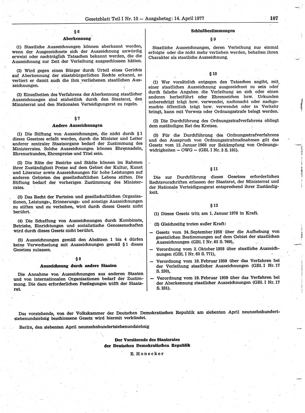 Gesetzblatt (GBl.) der Deutschen Demokratischen Republik (DDR) Teil Ⅰ 1977, Seite 107 (GBl. DDR Ⅰ 1977, S. 107)