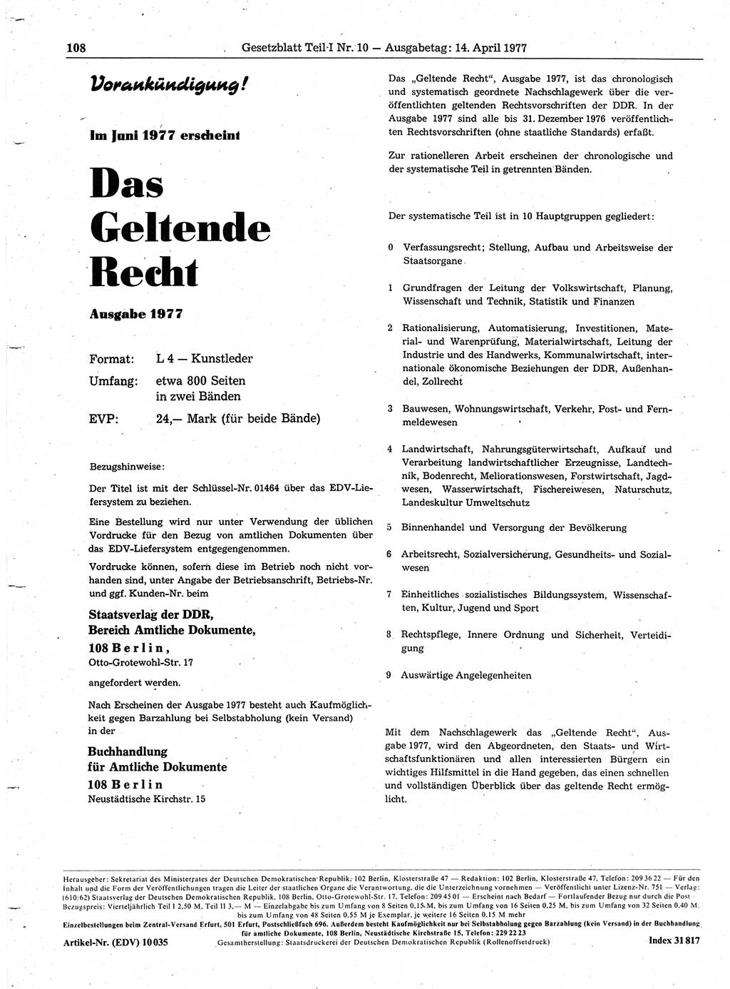 Gesetzblatt (GBl.) der Deutschen Demokratischen Republik (DDR) Teil Ⅰ 1977, Seite 108 (GBl. DDR Ⅰ 1977, S. 108)