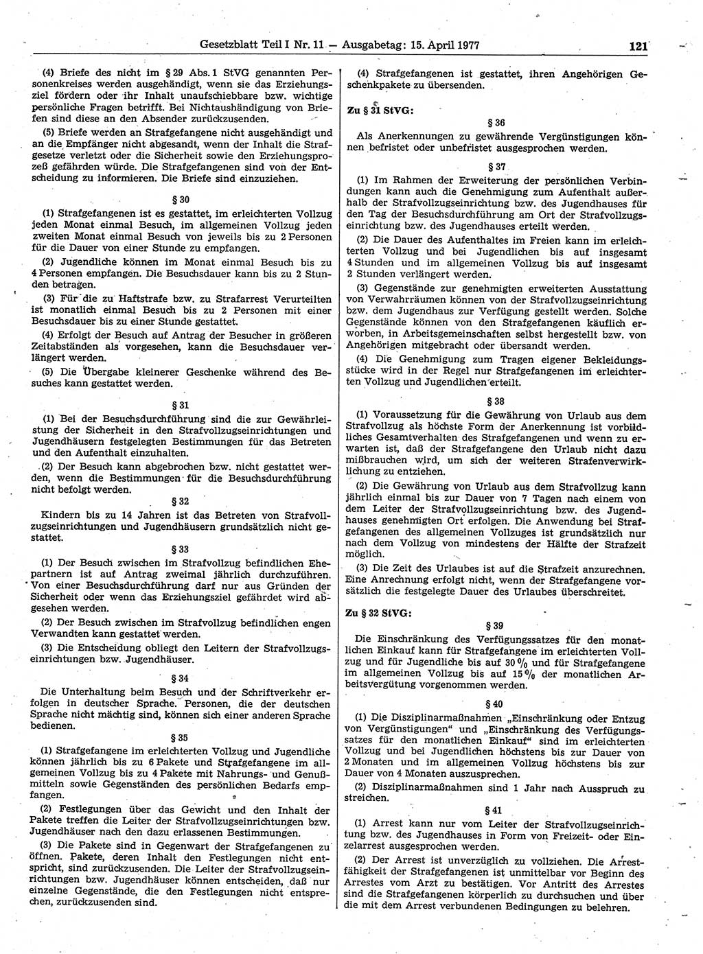 Gesetzblatt (GBl.) der Deutschen Demokratischen Republik (DDR) Teil Ⅰ 1977, Seite 121 (GBl. DDR Ⅰ 1977, S. 121)