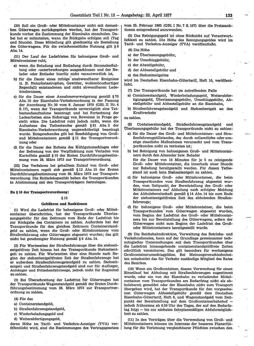 Gesetzblatt (GBl.) der Deutschen Demokratischen Republik (DDR) Teil Ⅰ 1977, Seite 133 (GBl. DDR Ⅰ 1977, S. 133)