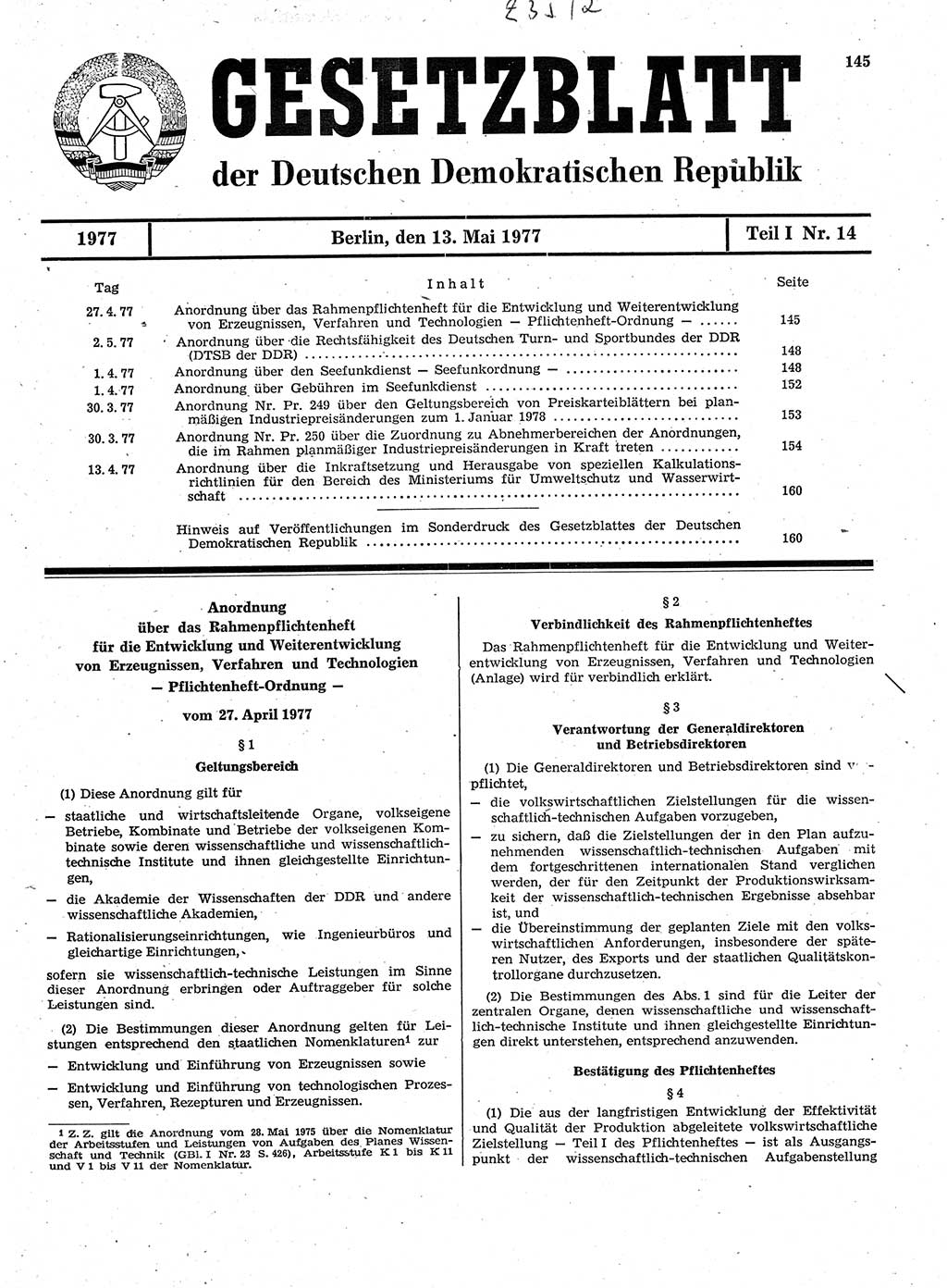 Gesetzblatt (GBl.) der Deutschen Demokratischen Republik (DDR) Teil Ⅰ 1977, Seite 145 (GBl. DDR Ⅰ 1977, S. 145)