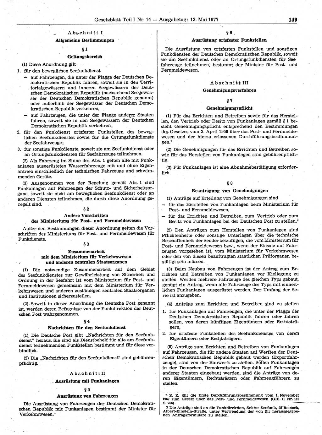 Gesetzblatt (GBl.) der Deutschen Demokratischen Republik (DDR) Teil Ⅰ 1977, Seite 149 (GBl. DDR Ⅰ 1977, S. 149)