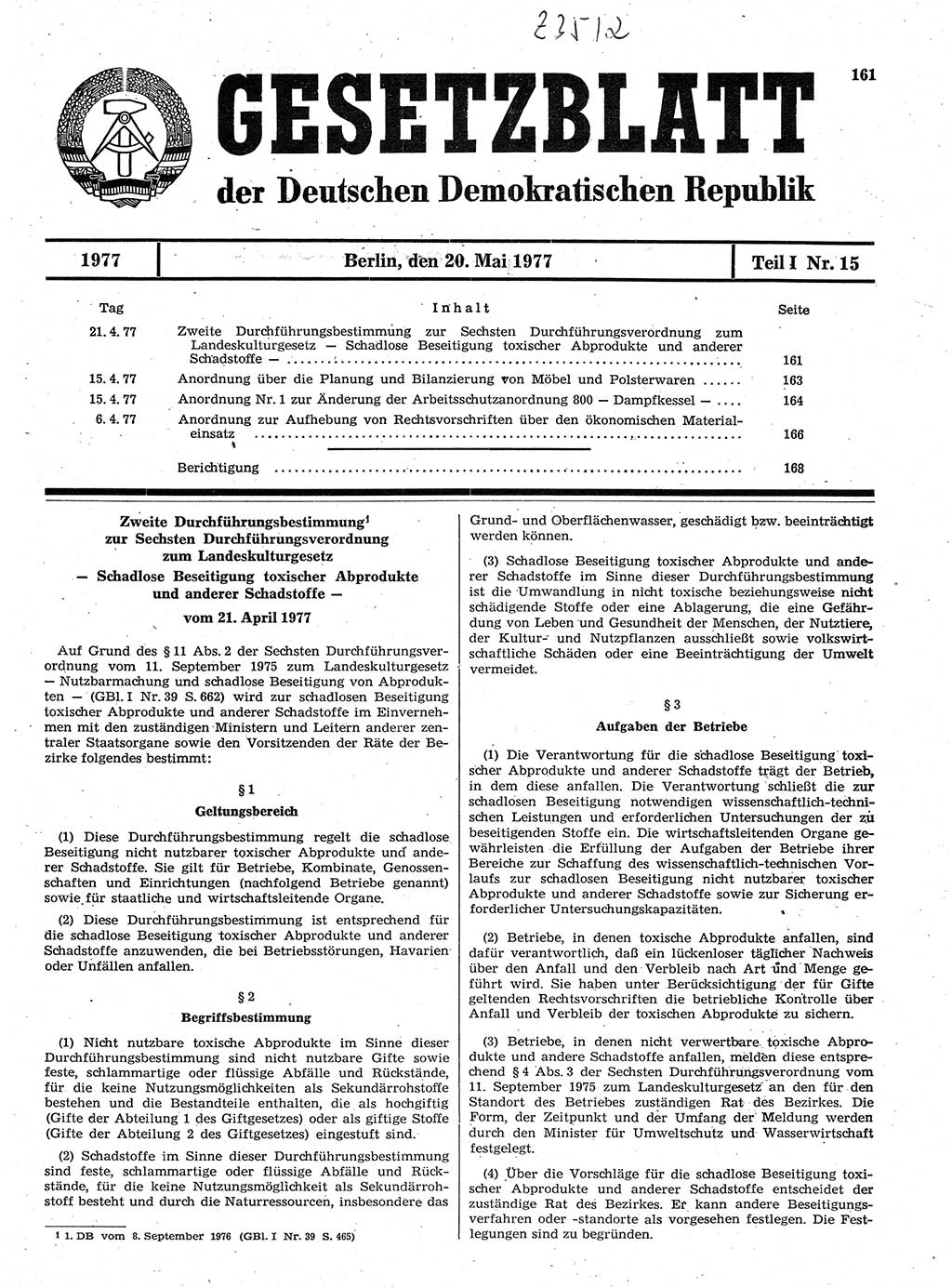 Gesetzblatt (GBl.) der Deutschen Demokratischen Republik (DDR) Teil Ⅰ 1977, Seite 161 (GBl. DDR Ⅰ 1977, S. 161)