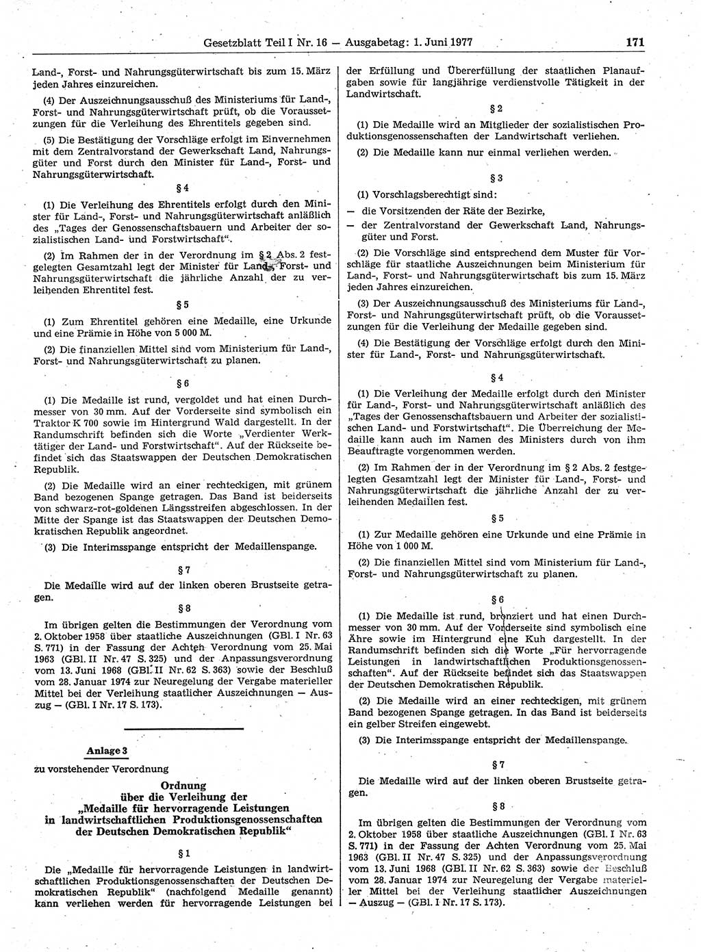 Gesetzblatt (GBl.) der Deutschen Demokratischen Republik (DDR) Teil Ⅰ 1977, Seite 171 (GBl. DDR Ⅰ 1977, S. 171)
