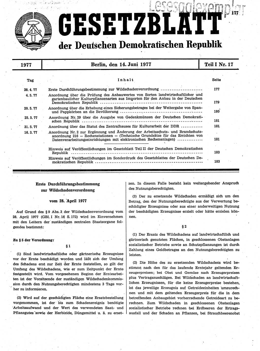 Gesetzblatt (GBl.) der Deutschen Demokratischen Republik (DDR) Teil Ⅰ 1977, Seite 177 (GBl. DDR Ⅰ 1977, S. 177)