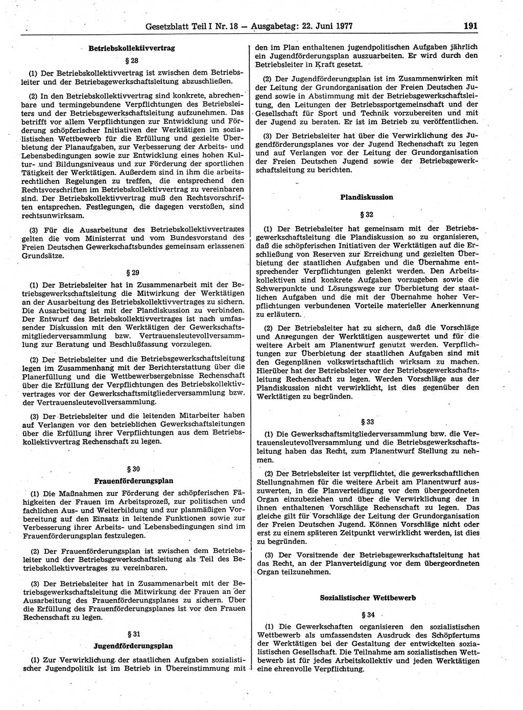 Gesetzblatt (GBl.) der Deutschen Demokratischen Republik (DDR) Teil Ⅰ 1977, Seite 191 (GBl. DDR Ⅰ 1977, S. 191)