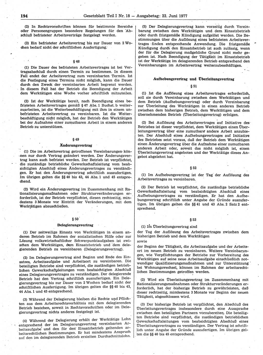 Gesetzblatt (GBl.) der Deutschen Demokratischen Republik (DDR) Teil Ⅰ 1977, Seite 194 (GBl. DDR Ⅰ 1977, S. 194)