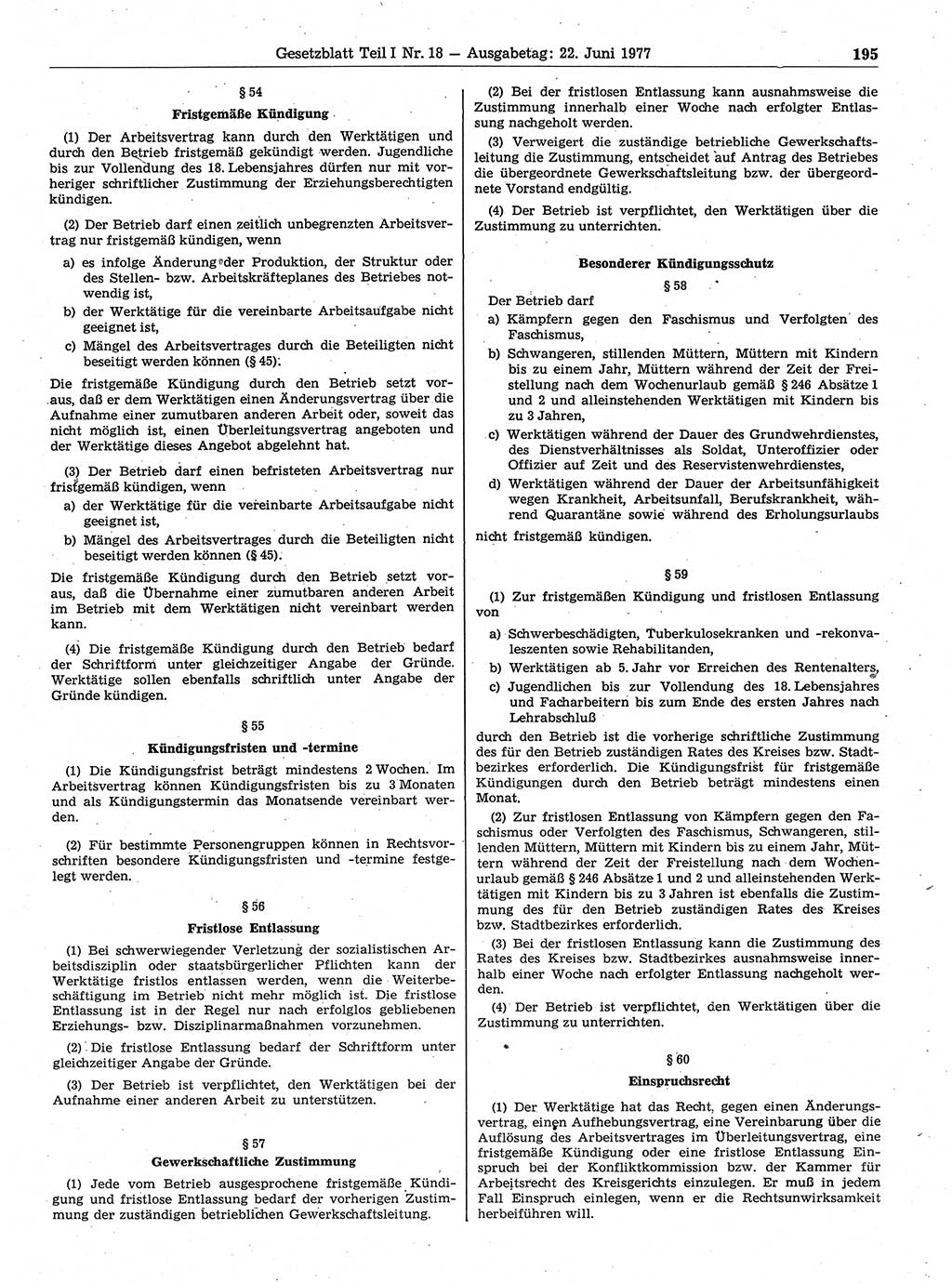 Gesetzblatt (GBl.) der Deutschen Demokratischen Republik (DDR) Teil Ⅰ 1977, Seite 195 (GBl. DDR Ⅰ 1977, S. 195)