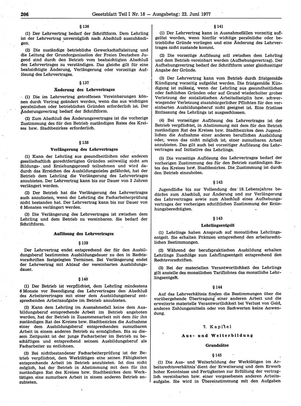 Gesetzblatt (GBl.) der Deutschen Demokratischen Republik (DDR) Teil Ⅰ 1977, Seite 206 (GBl. DDR Ⅰ 1977, S. 206)