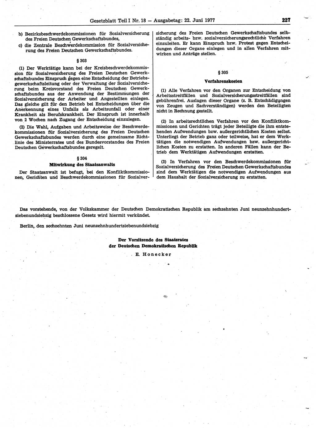 Gesetzblatt (GBl.) der Deutschen Demokratischen Republik (DDR) Teil Ⅰ 1977, Seite 227 (GBl. DDR Ⅰ 1977, S. 227)