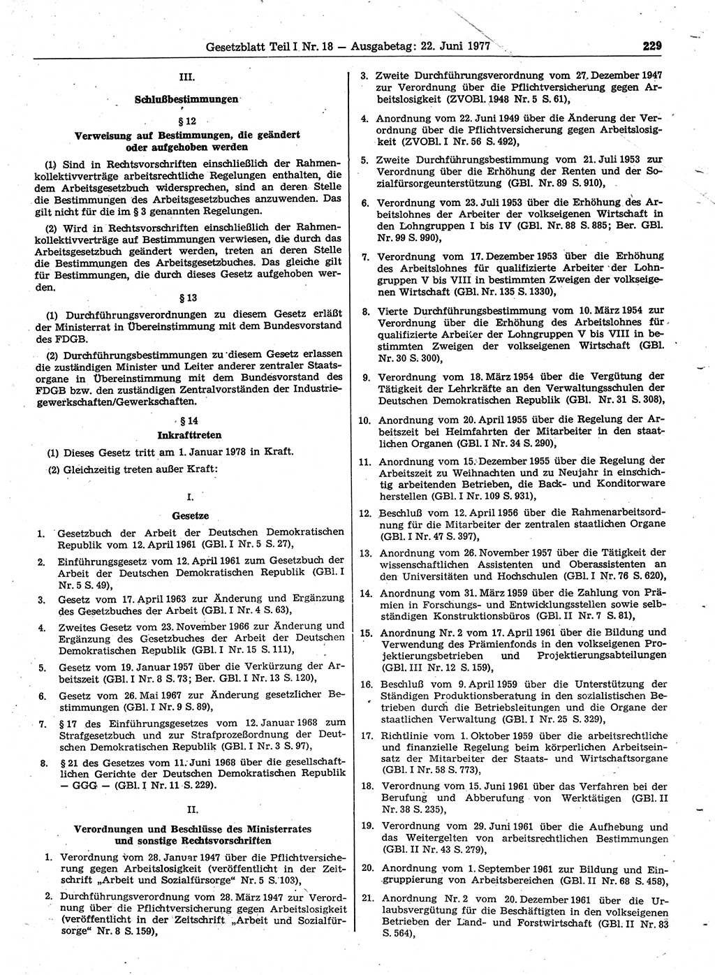 Gesetzblatt (GBl.) der Deutschen Demokratischen Republik (DDR) Teil Ⅰ 1977, Seite 229 (GBl. DDR Ⅰ 1977, S. 229)