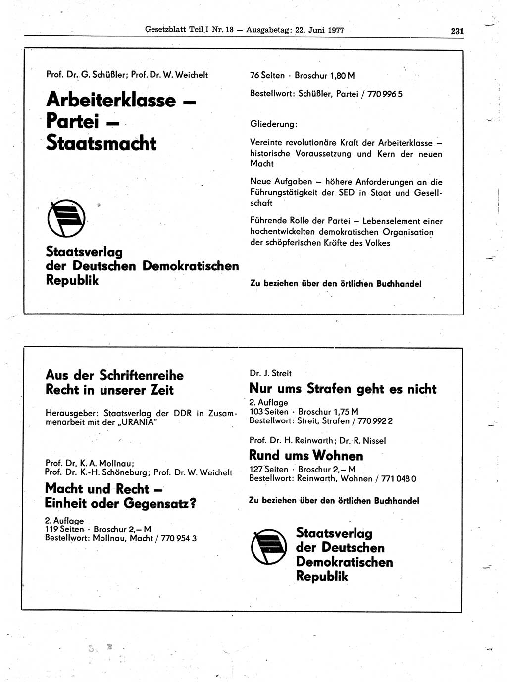 Gesetzblatt (GBl.) der Deutschen Demokratischen Republik (DDR) Teil Ⅰ 1977, Seite 231 (GBl. DDR Ⅰ 1977, S. 231)