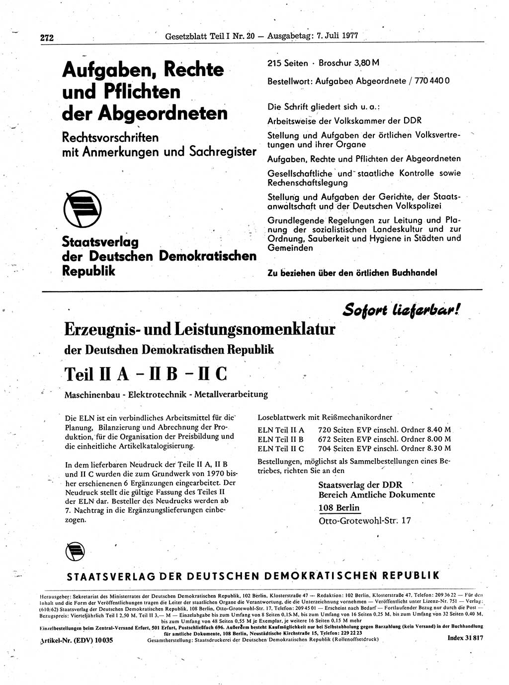 Gesetzblatt (GBl.) der Deutschen Demokratischen Republik (DDR) Teil Ⅰ 1977, Seite 272 (GBl. DDR Ⅰ 1977, S. 272)