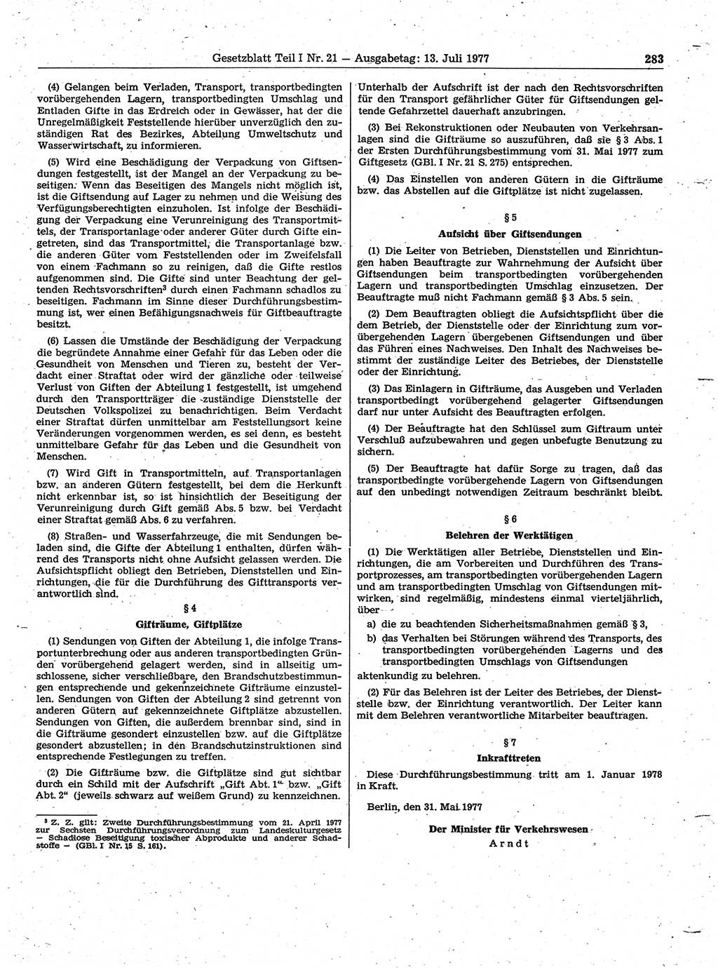 Gesetzblatt (GBl.) der Deutschen Demokratischen Republik (DDR) Teil Ⅰ 1977, Seite 283 (GBl. DDR Ⅰ 1977, S. 283)