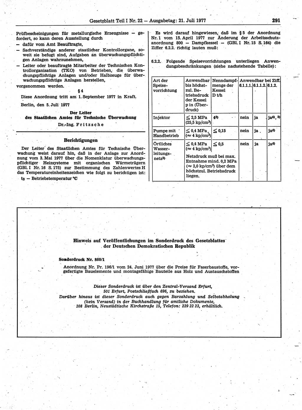 Gesetzblatt (GBl.) der Deutschen Demokratischen Republik (DDR) Teil Ⅰ 1977, Seite 291 (GBl. DDR Ⅰ 1977, S. 291)