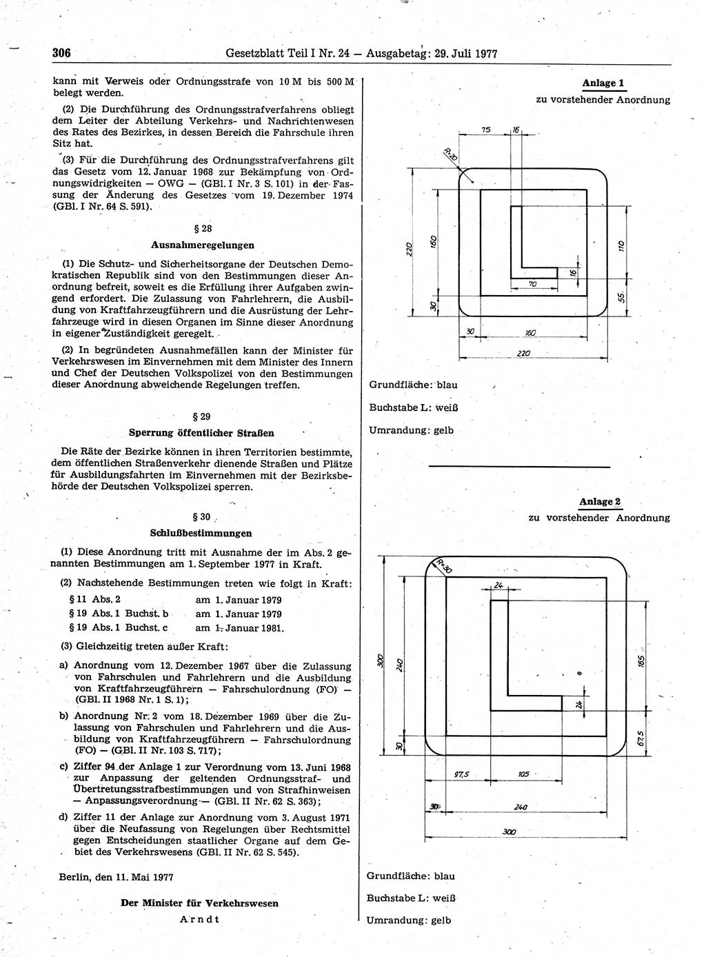 Gesetzblatt (GBl.) der Deutschen Demokratischen Republik (DDR) Teil Ⅰ 1977, Seite 306 (GBl. DDR Ⅰ 1977, S. 306)