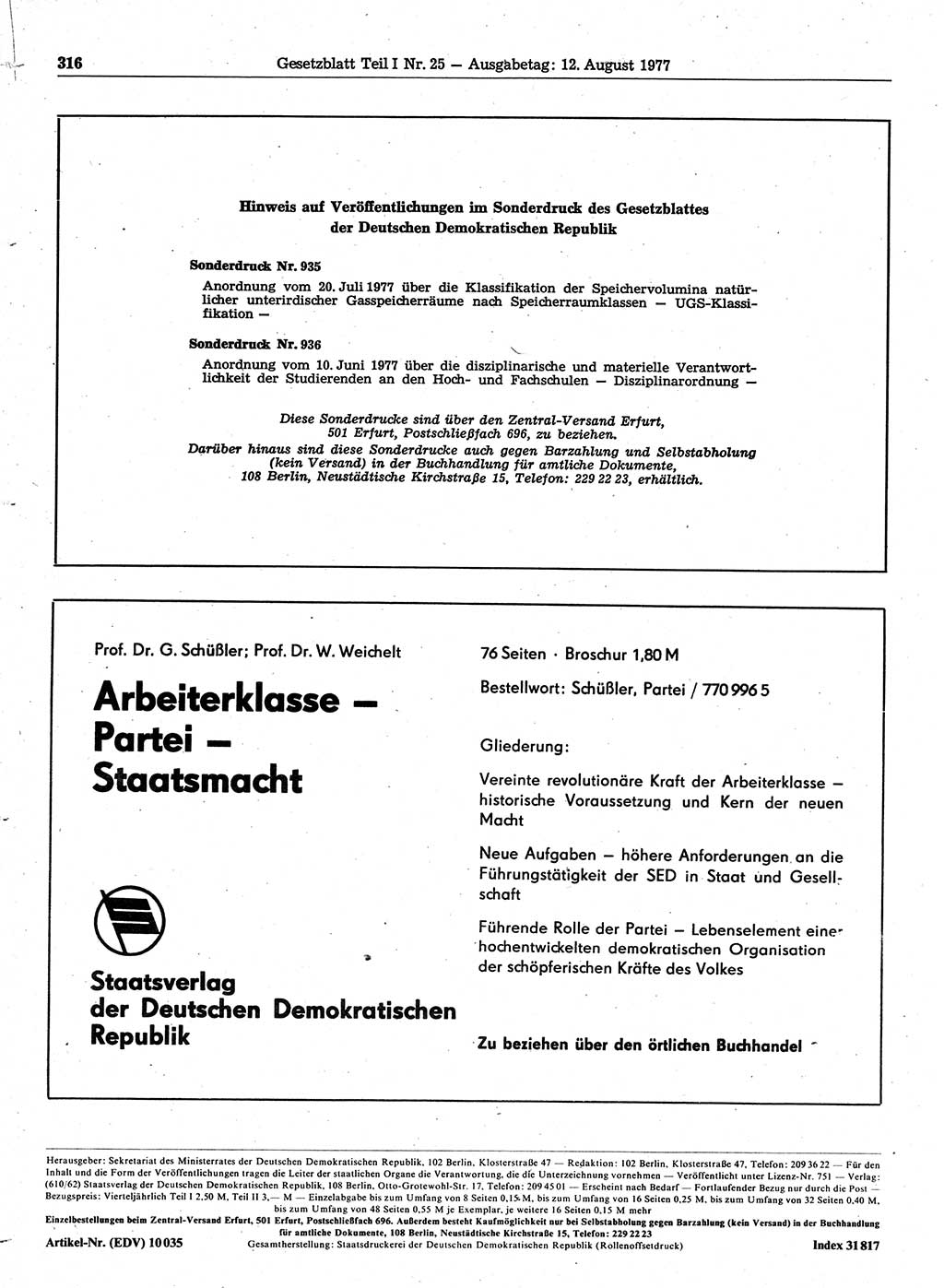 Gesetzblatt (GBl.) der Deutschen Demokratischen Republik (DDR) Teil Ⅰ 1977, Seite 316 (GBl. DDR Ⅰ 1977, S. 316)