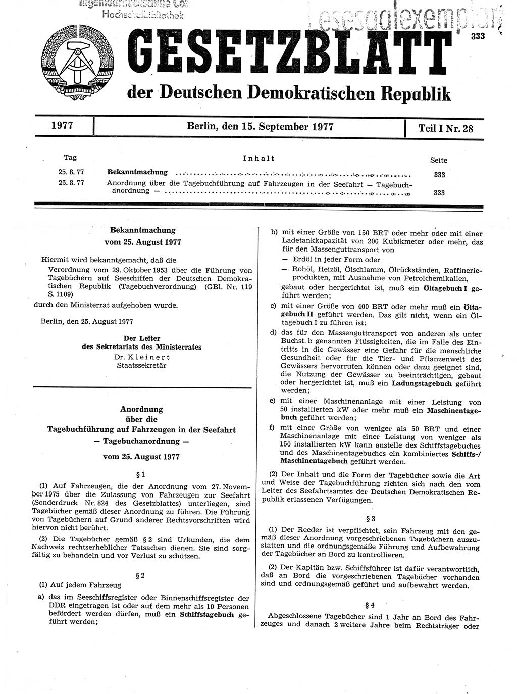 Gesetzblatt (GBl.) der Deutschen Demokratischen Republik (DDR) Teil Ⅰ 1977, Seite 333 (GBl. DDR Ⅰ 1977, S. 333)