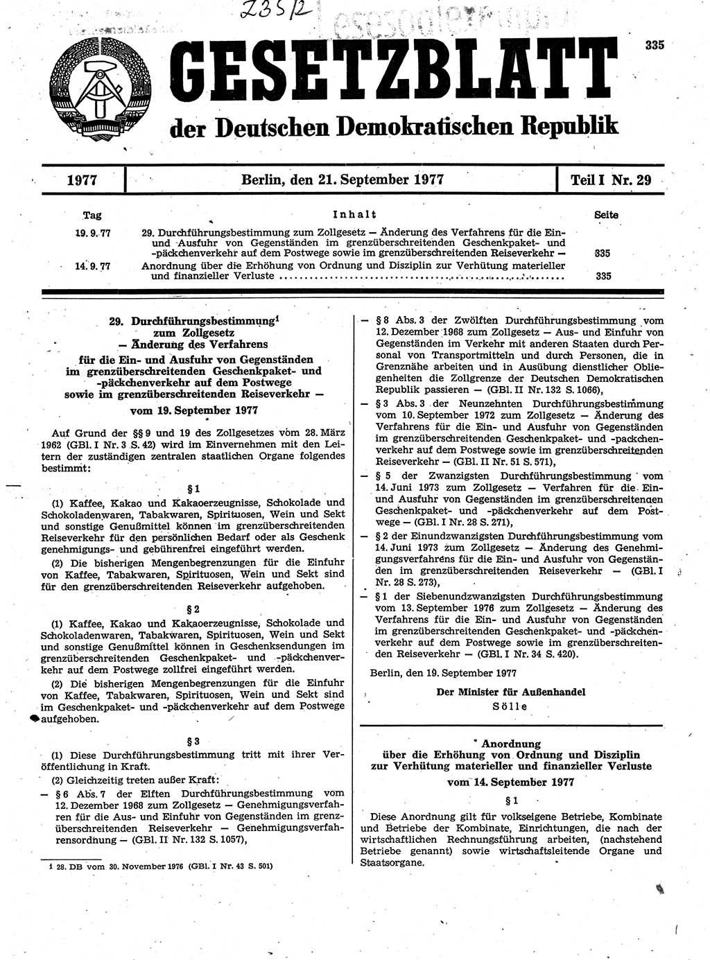 Gesetzblatt (GBl.) der Deutschen Demokratischen Republik (DDR) Teil Ⅰ 1977, Seite 335 (GBl. DDR Ⅰ 1977, S. 335)