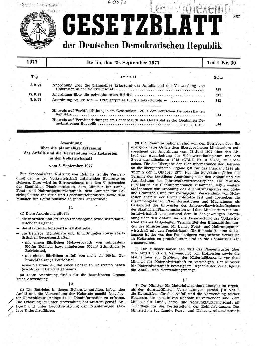 Gesetzblatt (GBl.) der Deutschen Demokratischen Republik (DDR) Teil Ⅰ 1977, Seite 337 (GBl. DDR Ⅰ 1977, S. 337)