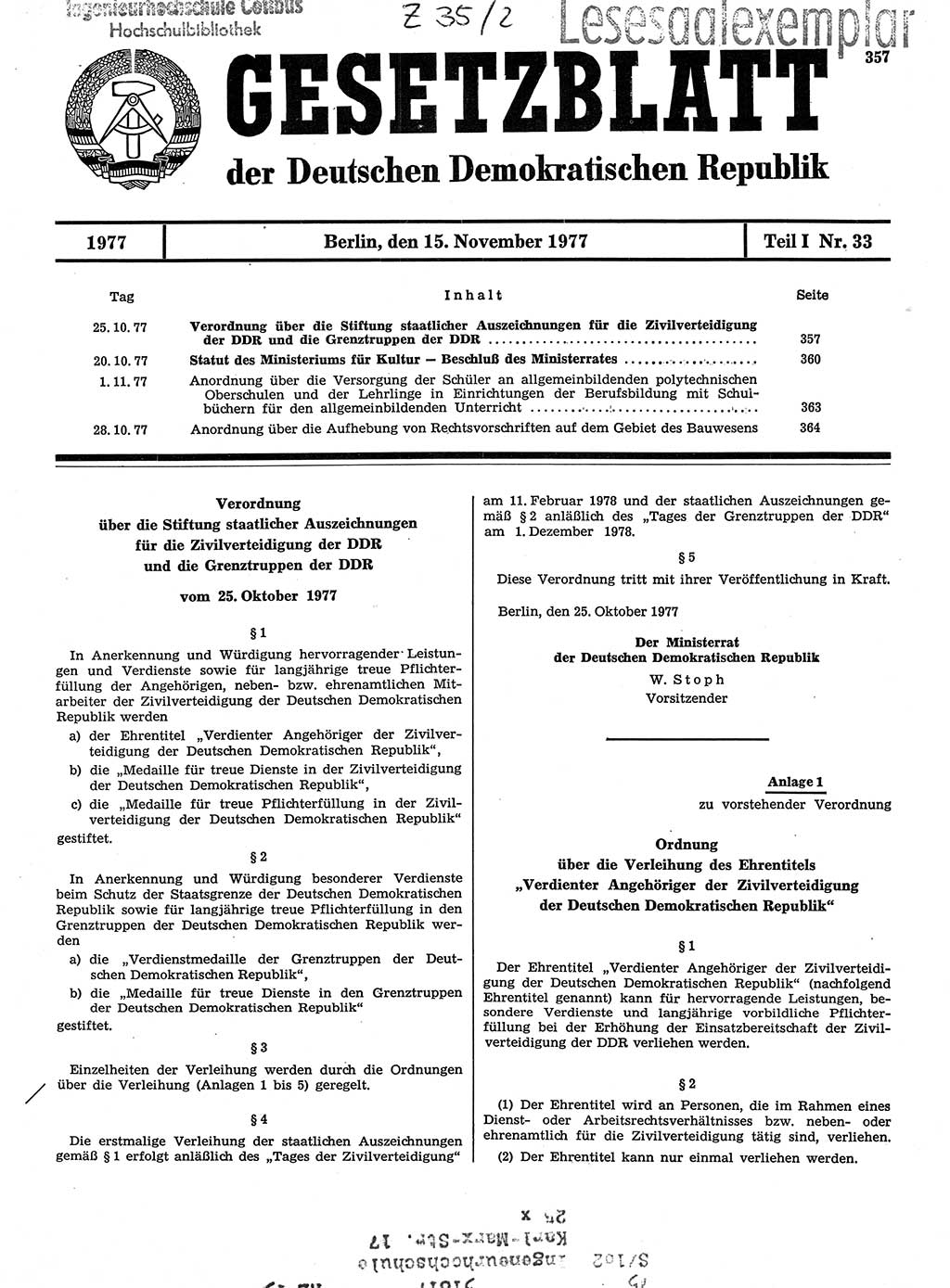 Gesetzblatt (GBl.) der Deutschen Demokratischen Republik (DDR) Teil Ⅰ 1977, Seite 357 (GBl. DDR Ⅰ 1977, S. 357)