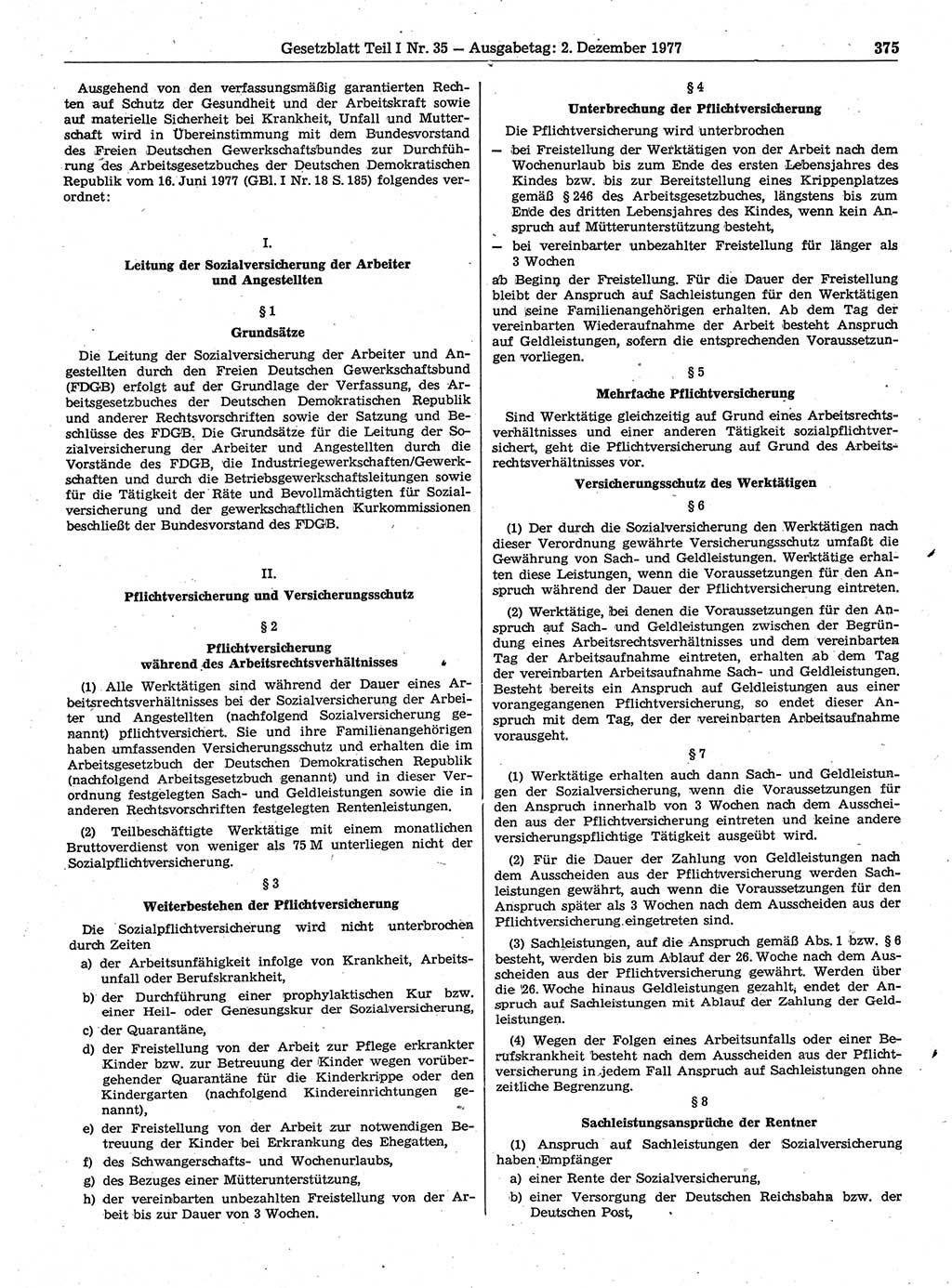 Gesetzblatt (GBl.) der Deutschen Demokratischen Republik (DDR) Teil Ⅰ 1977, Seite 375 (GBl. DDR Ⅰ 1977, S. 375)