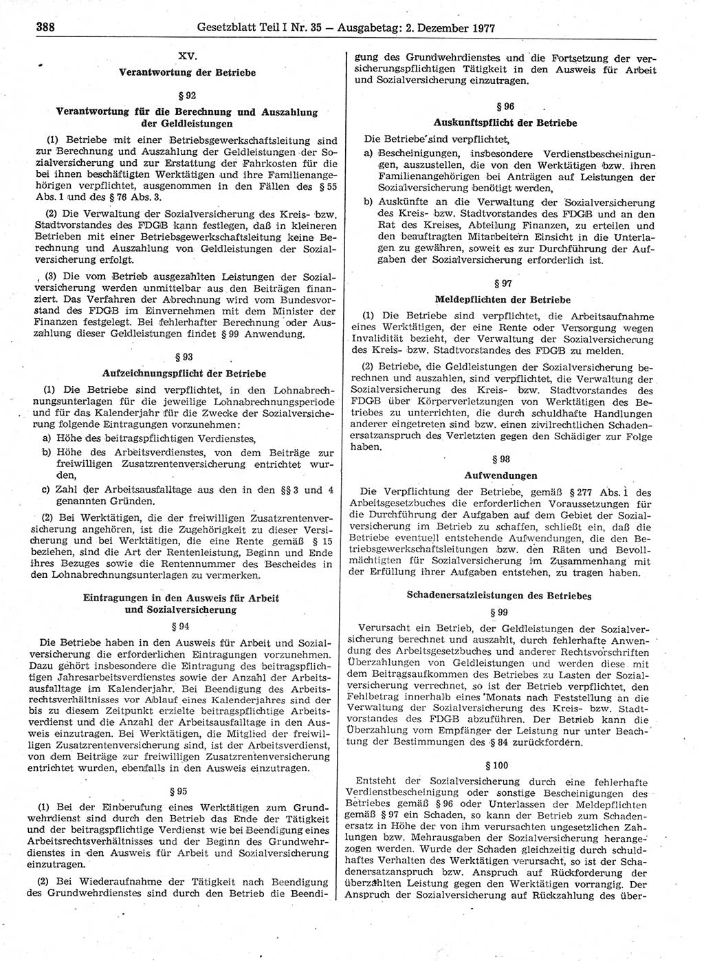 Gesetzblatt (GBl.) der Deutschen Demokratischen Republik (DDR) Teil Ⅰ 1977, Seite 388 (GBl. DDR Ⅰ 1977, S. 388)