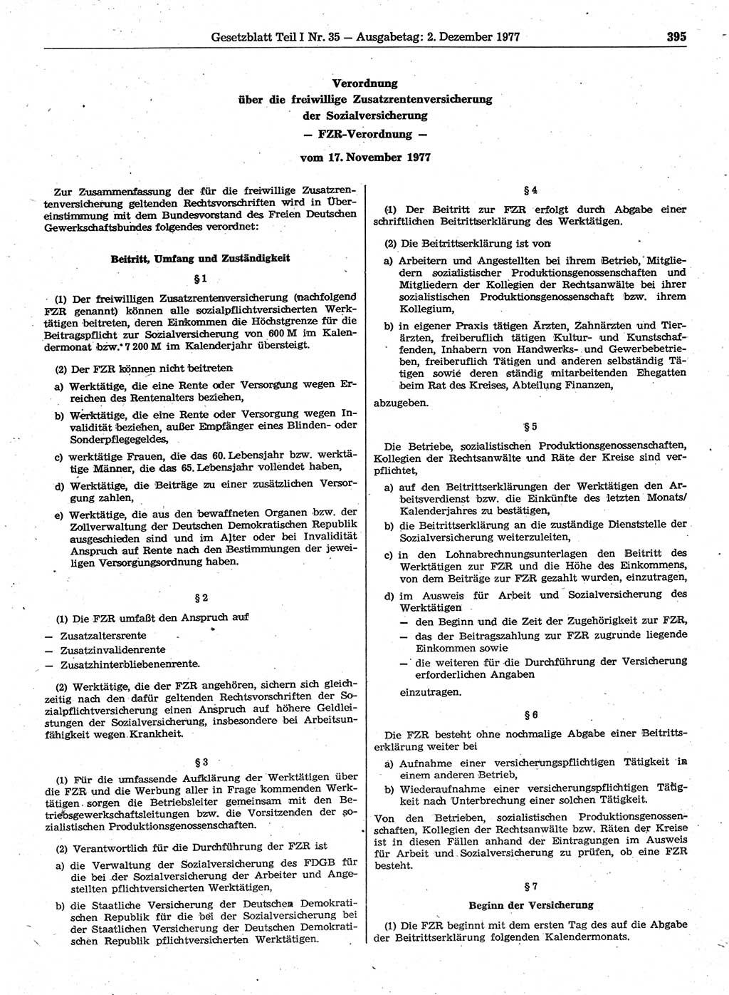 Gesetzblatt (GBl.) der Deutschen Demokratischen Republik (DDR) Teil Ⅰ 1977, Seite 395 (GBl. DDR Ⅰ 1977, S. 395)