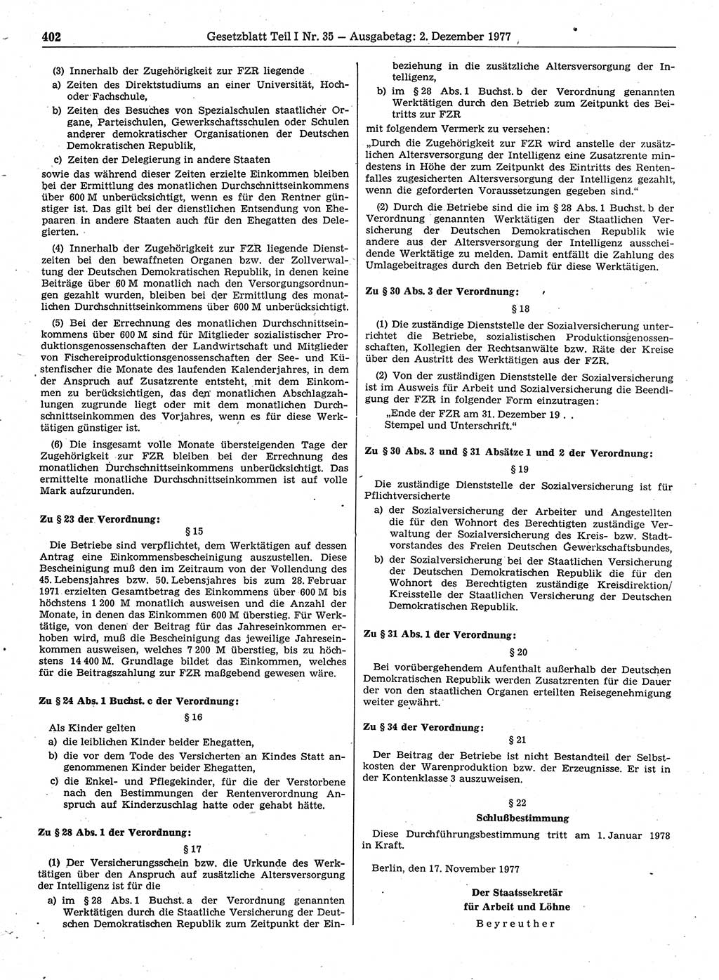 Gesetzblatt (GBl.) der Deutschen Demokratischen Republik (DDR) Teil Ⅰ 1977, Seite 402 (GBl. DDR Ⅰ 1977, S. 402)