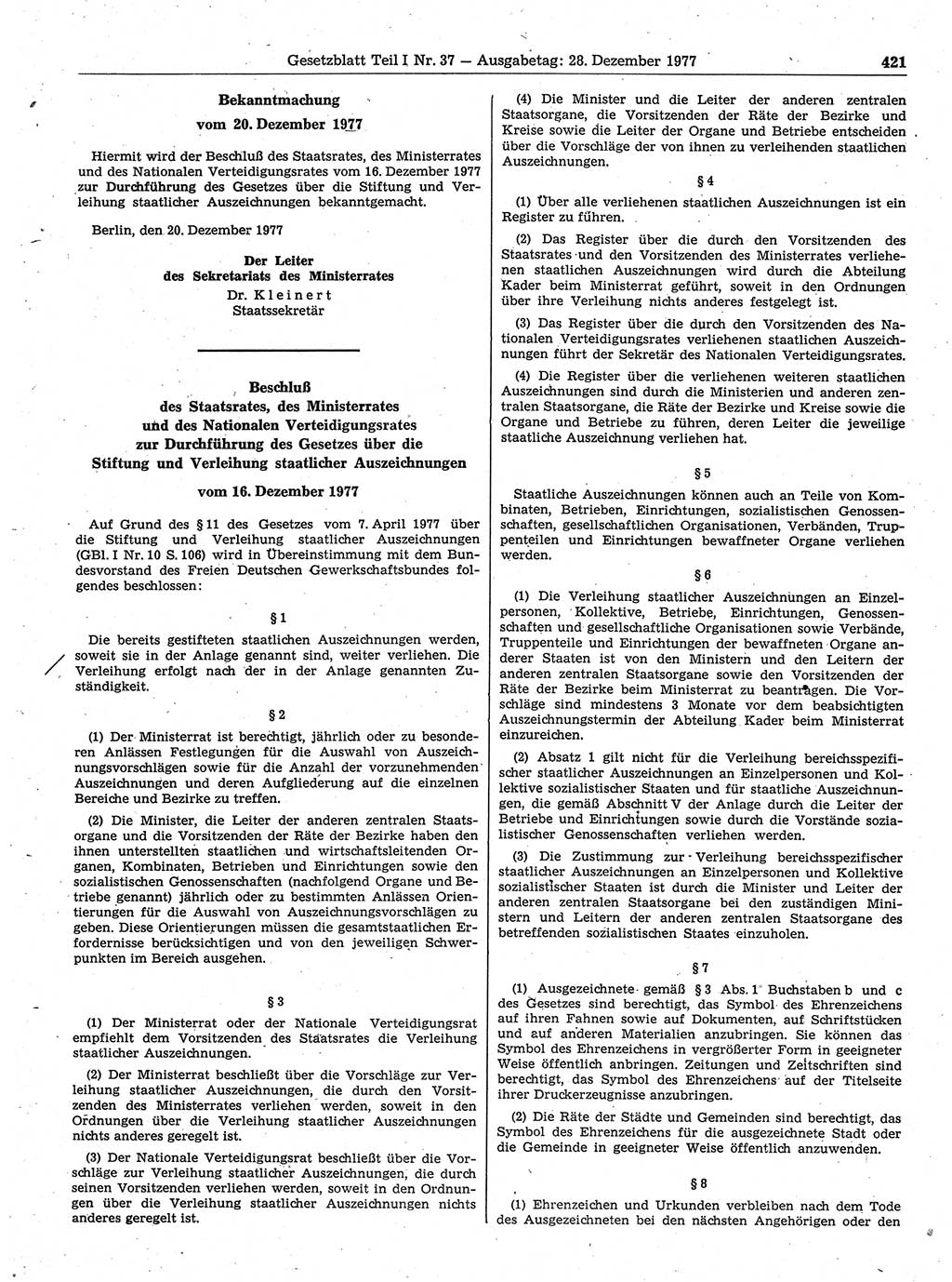 Gesetzblatt (GBl.) der Deutschen Demokratischen Republik (DDR) Teil Ⅰ 1977, Seite 421 (GBl. DDR Ⅰ 1977, S. 421)