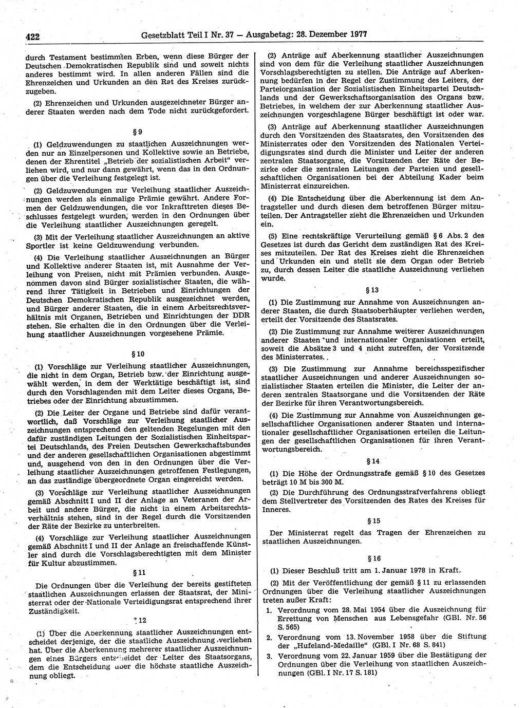 Gesetzblatt (GBl.) der Deutschen Demokratischen Republik (DDR) Teil Ⅰ 1977, Seite 422 (GBl. DDR Ⅰ 1977, S. 422)