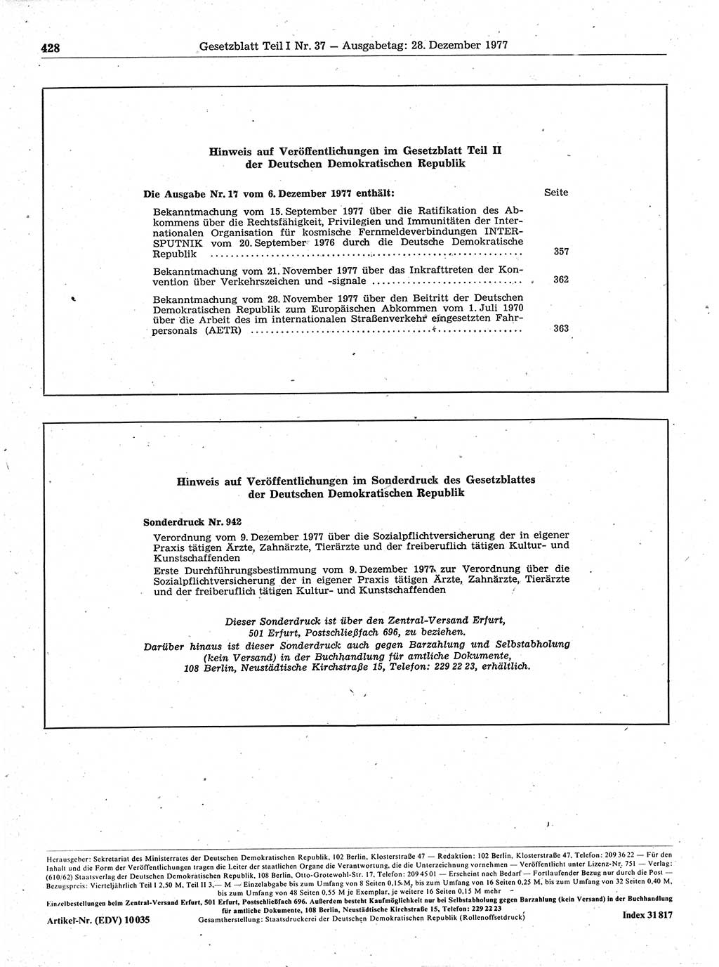 Gesetzblatt (GBl.) der Deutschen Demokratischen Republik (DDR) Teil Ⅰ 1977, Seite 428 (GBl. DDR Ⅰ 1977, S. 428)