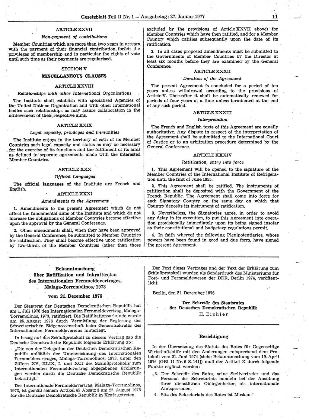 Gesetzblatt (GBl.) der Deutschen Demokratischen Republik (DDR) Teil ⅠⅠ 1977, Seite 11 (GBl. DDR ⅠⅠ 1977, S. 11)