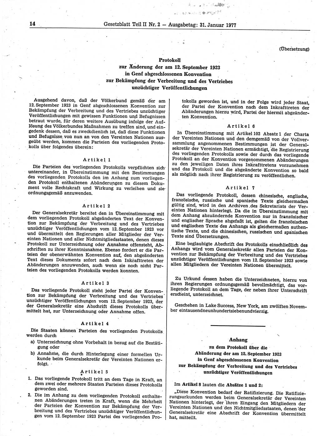 Gesetzblatt (GBl.) der Deutschen Demokratischen Republik (DDR) Teil ⅠⅠ 1977, Seite 14 (GBl. DDR ⅠⅠ 1977, S. 14)