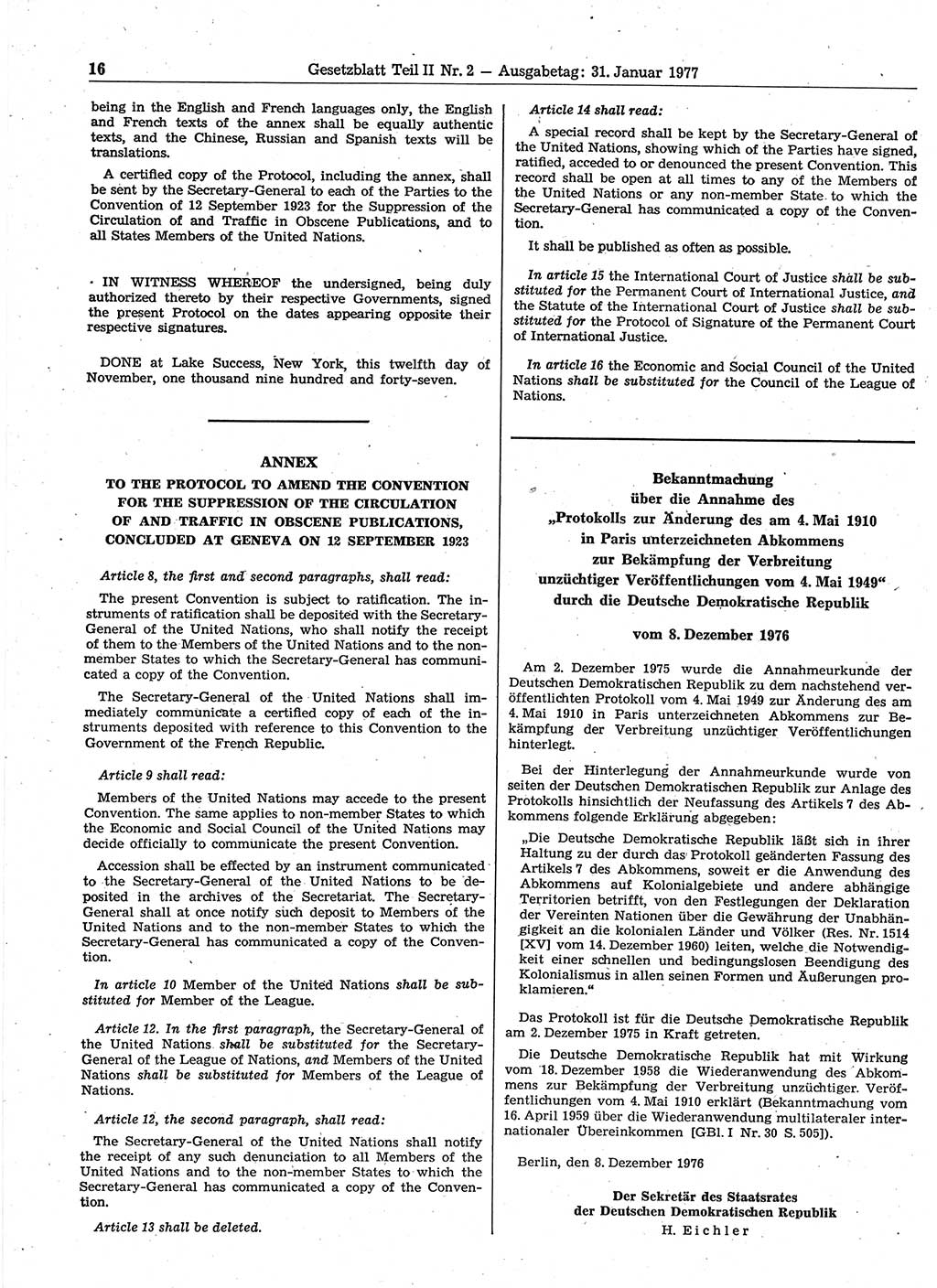 Gesetzblatt (GBl.) der Deutschen Demokratischen Republik (DDR) Teil ⅠⅠ 1977, Seite 16 (GBl. DDR ⅠⅠ 1977, S. 16)