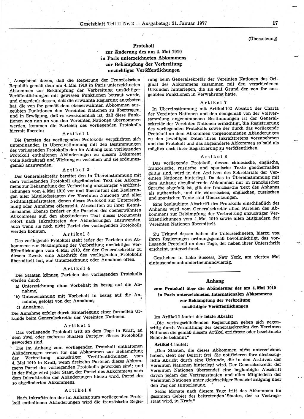 Gesetzblatt (GBl.) der Deutschen Demokratischen Republik (DDR) Teil ⅠⅠ 1977, Seite 17 (GBl. DDR ⅠⅠ 1977, S. 17)