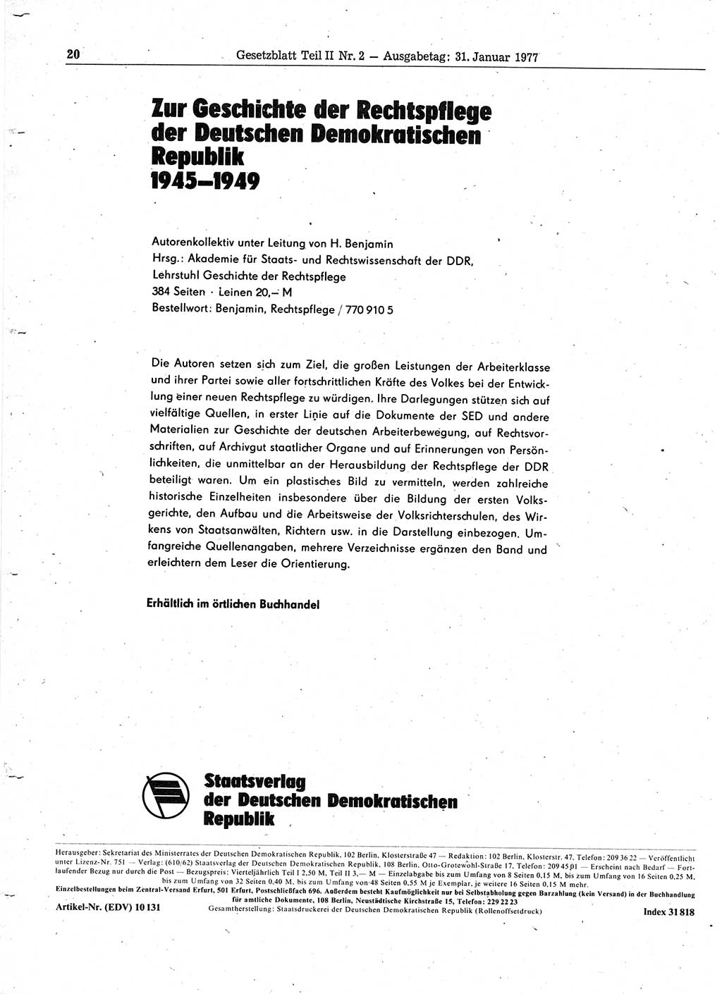Gesetzblatt (GBl.) der Deutschen Demokratischen Republik (DDR) Teil ⅠⅠ 1977, Seite 20 (GBl. DDR ⅠⅠ 1977, S. 20)