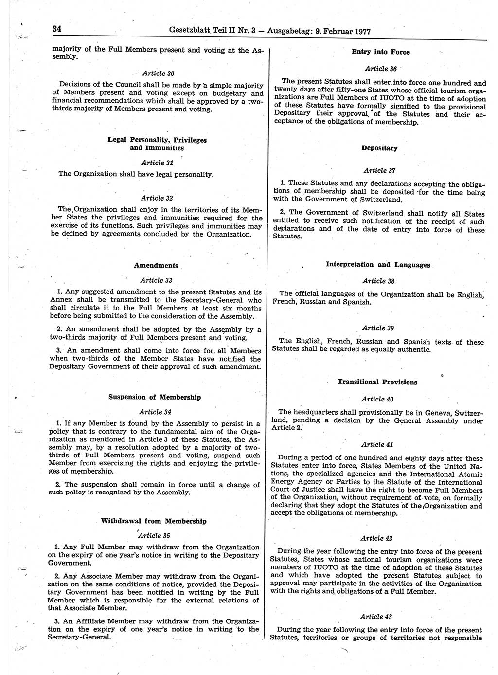 Gesetzblatt (GBl.) der Deutschen Demokratischen Republik (DDR) Teil ⅠⅠ 1977, Seite 34 (GBl. DDR ⅠⅠ 1977, S. 34)