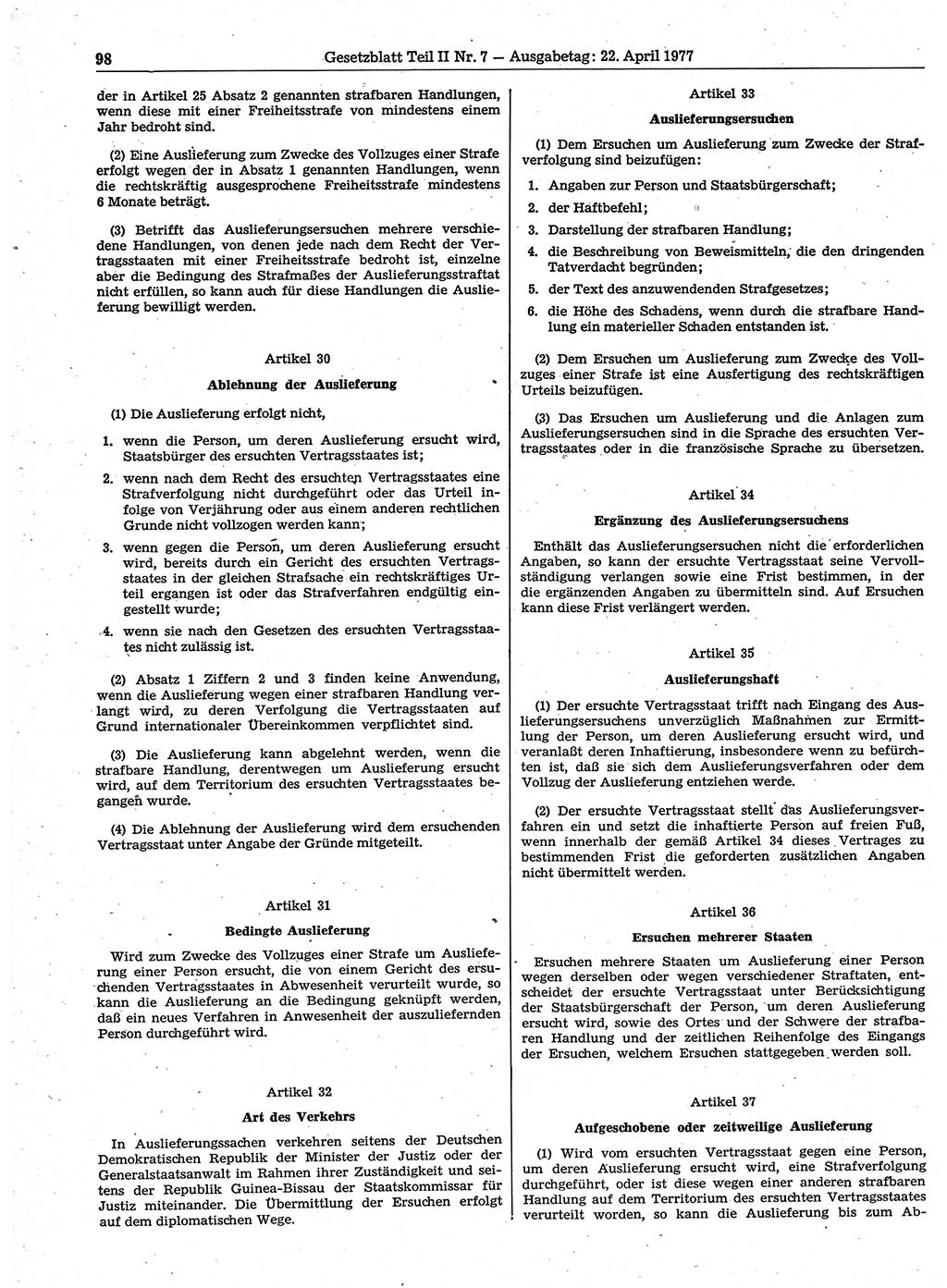 Gesetzblatt (GBl.) der Deutschen Demokratischen Republik (DDR) Teil ⅠⅠ 1977, Seite 98 (GBl. DDR ⅠⅠ 1977, S. 98)