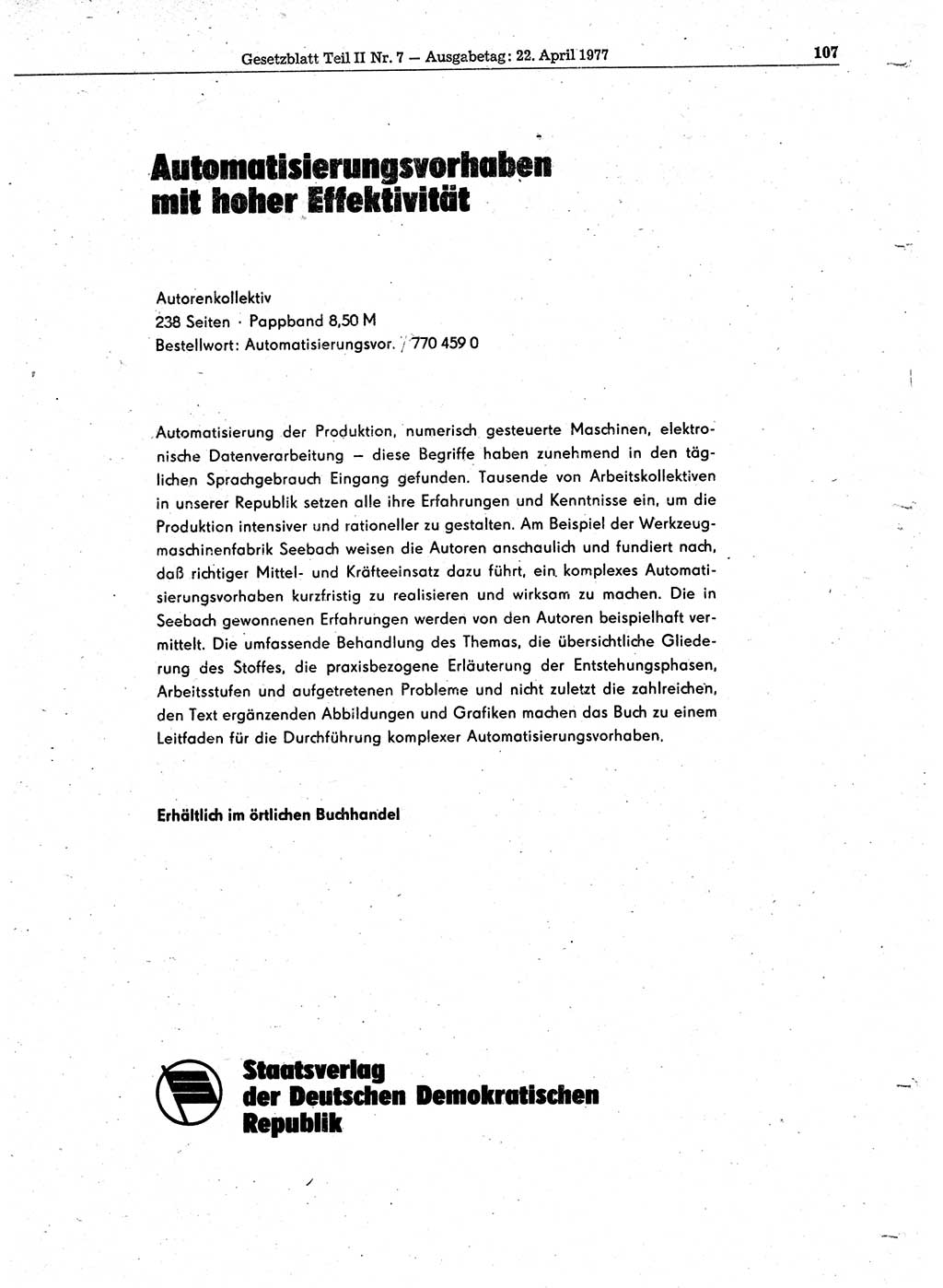 Gesetzblatt (GBl.) der Deutschen Demokratischen Republik (DDR) Teil ⅠⅠ 1977, Seite 107 (GBl. DDR ⅠⅠ 1977, S. 107)