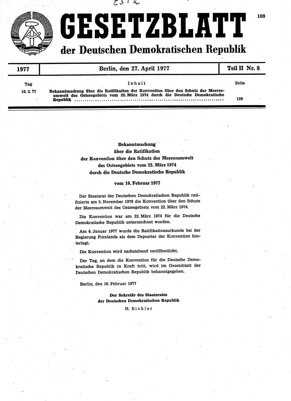 Gesetzblatt (GBl.) der Deutschen Demokratischen Republik (DDR) Teil ⅠⅠ 1977, Seite 109 (GBl. DDR ⅠⅠ 1977, S. 109)