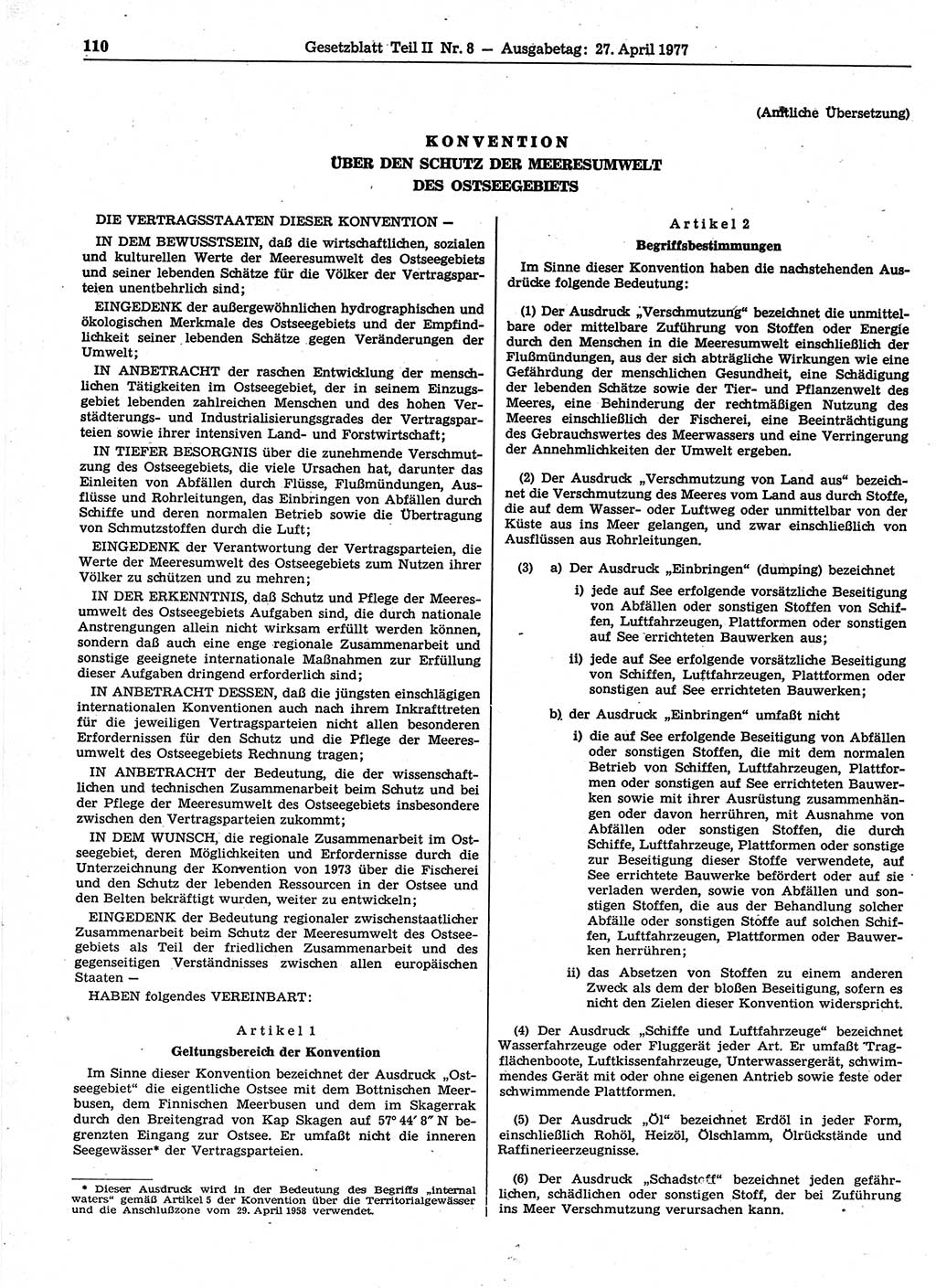 Gesetzblatt (GBl.) der Deutschen Demokratischen Republik (DDR) Teil ⅠⅠ 1977, Seite 110 (GBl. DDR ⅠⅠ 1977, S. 110)