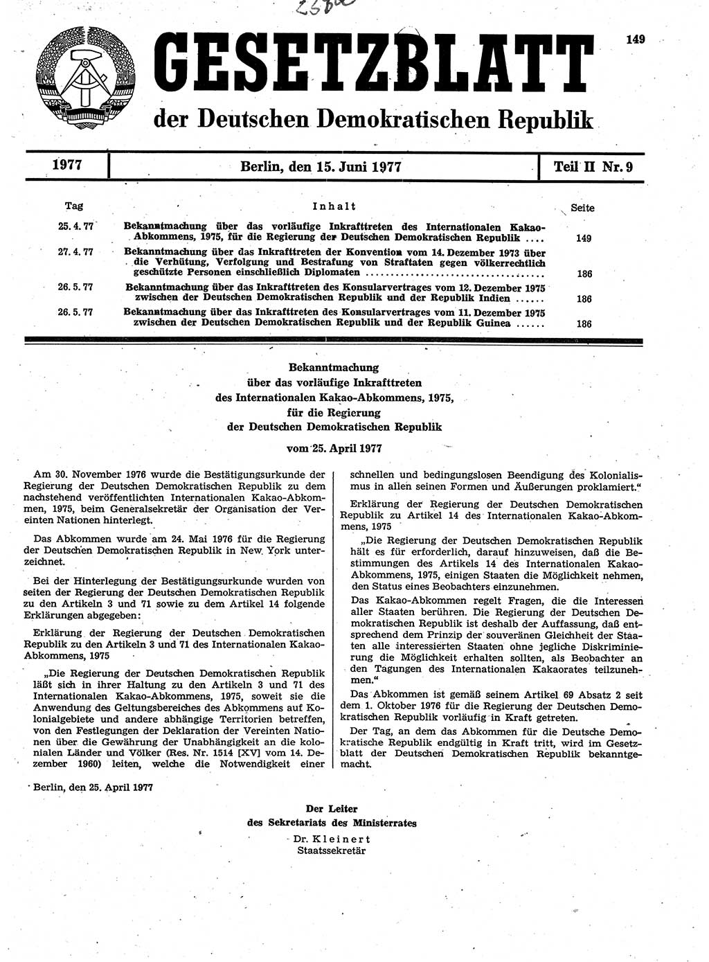 Gesetzblatt (GBl.) der Deutschen Demokratischen Republik (DDR) Teil ⅠⅠ 1977, Seite 149 (GBl. DDR ⅠⅠ 1977, S. 149)