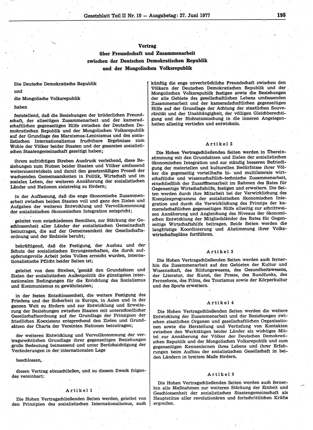 Gesetzblatt (GBl.) der Deutschen Demokratischen Republik (DDR) Teil ⅠⅠ 1977, Seite 195 (GBl. DDR ⅠⅠ 1977, S. 195)