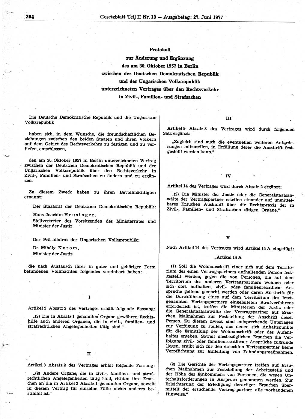 Gesetzblatt (GBl.) der Deutschen Demokratischen Republik (DDR) Teil ⅠⅠ 1977, Seite 204 (GBl. DDR ⅠⅠ 1977, S. 204)