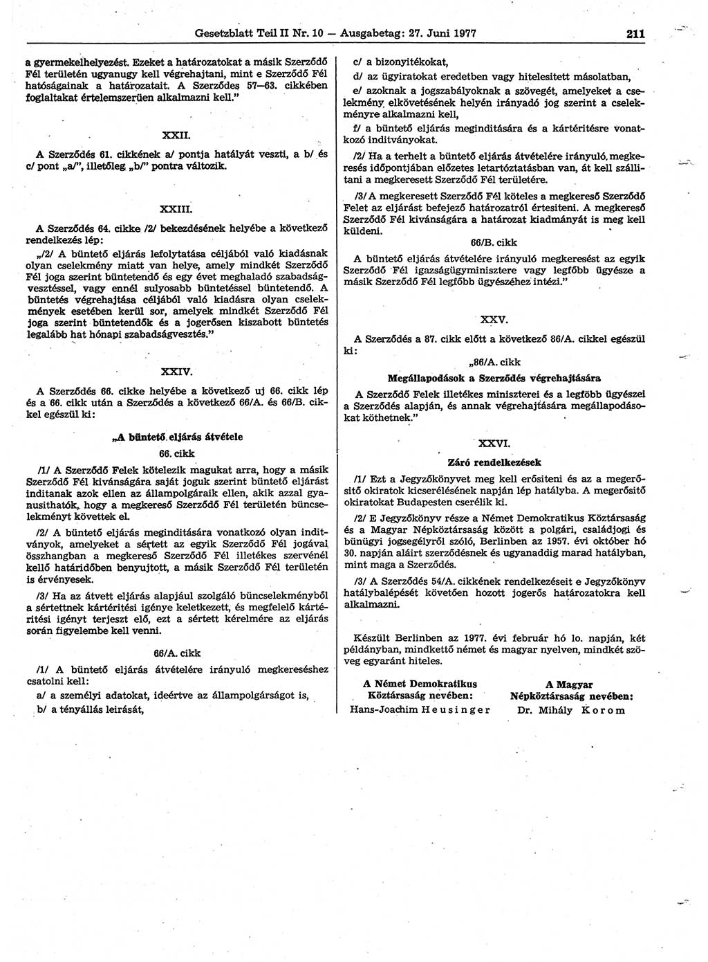 Gesetzblatt (GBl.) der Deutschen Demokratischen Republik (DDR) Teil ⅠⅠ 1977, Seite 211 (GBl. DDR ⅠⅠ 1977, S. 211)