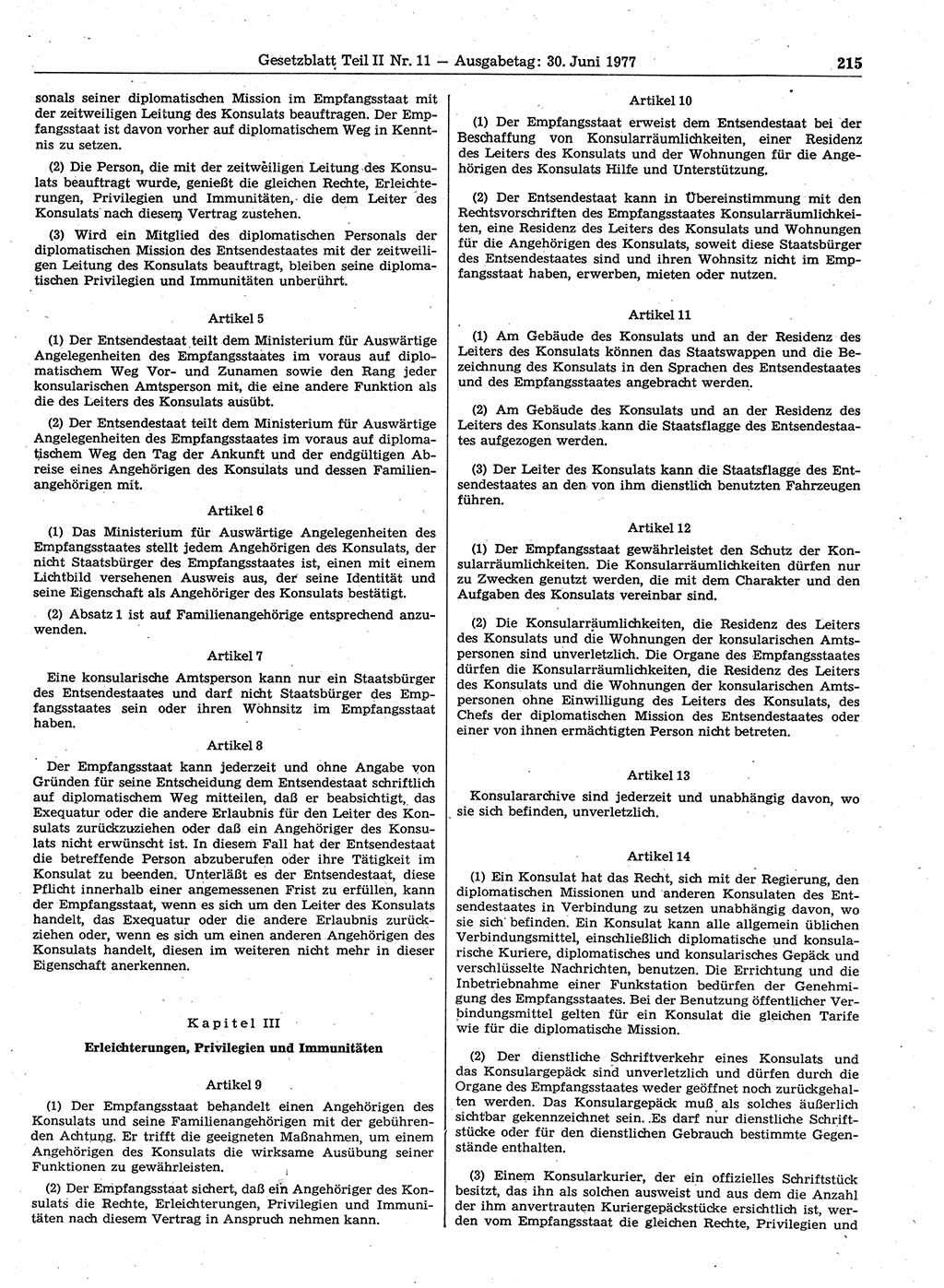 Gesetzblatt (GBl.) der Deutschen Demokratischen Republik (DDR) Teil ⅠⅠ 1977, Seite 215 (GBl. DDR ⅠⅠ 1977, S. 215)