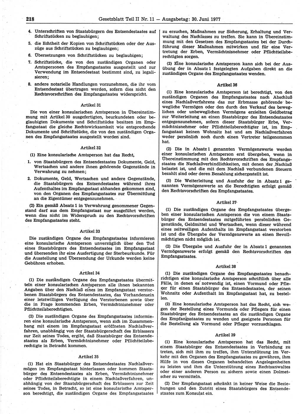 Gesetzblatt (GBl.) der Deutschen Demokratischen Republik (DDR) Teil ⅠⅠ 1977, Seite 218 (GBl. DDR ⅠⅠ 1977, S. 218)