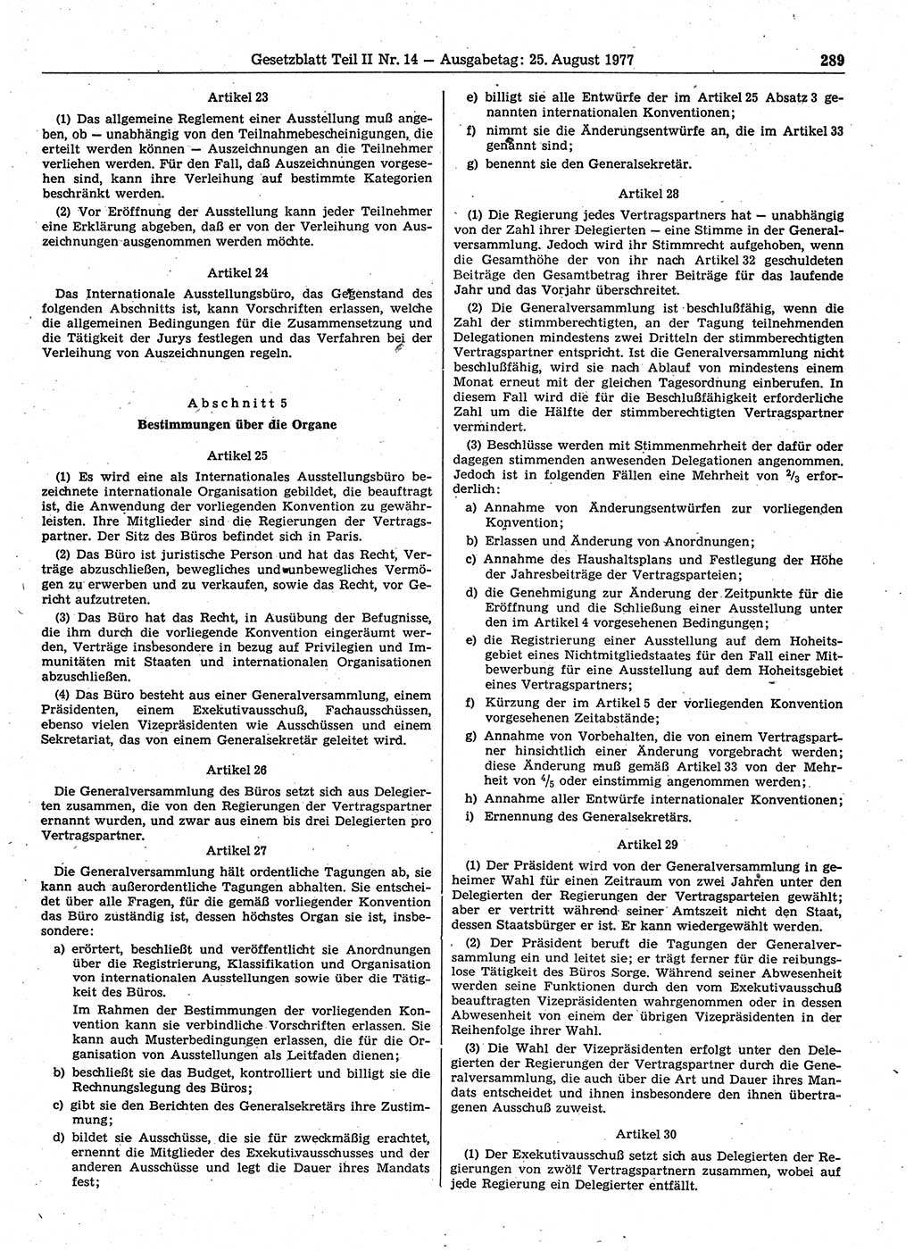 Gesetzblatt (GBl.) der Deutschen Demokratischen Republik (DDR) Teil ⅠⅠ 1977, Seite 289 (GBl. DDR ⅠⅠ 1977, S. 289)